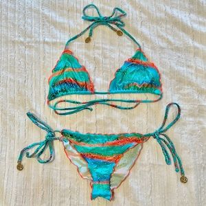 Luli Fama teal luxury bikini with rhinestones and ruched cheeky bottom